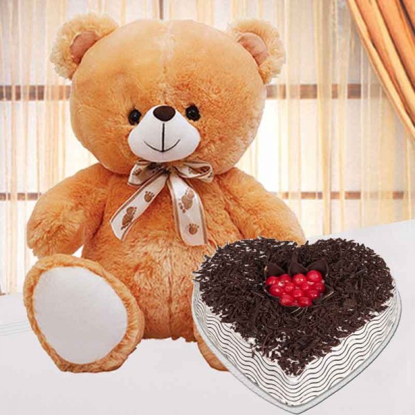 1 Kg Heart Shape Black Forest Cake with Teddy Bear (12 inches)
