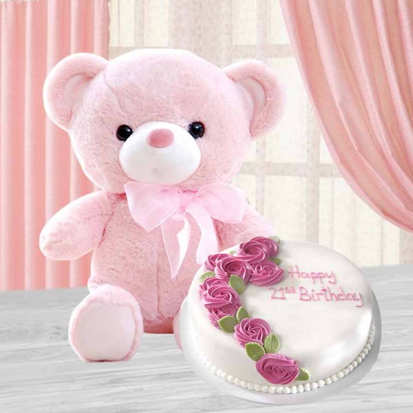 1 Kg Strawberry and Vanilla Cake with Teddy Bear (6 inches)