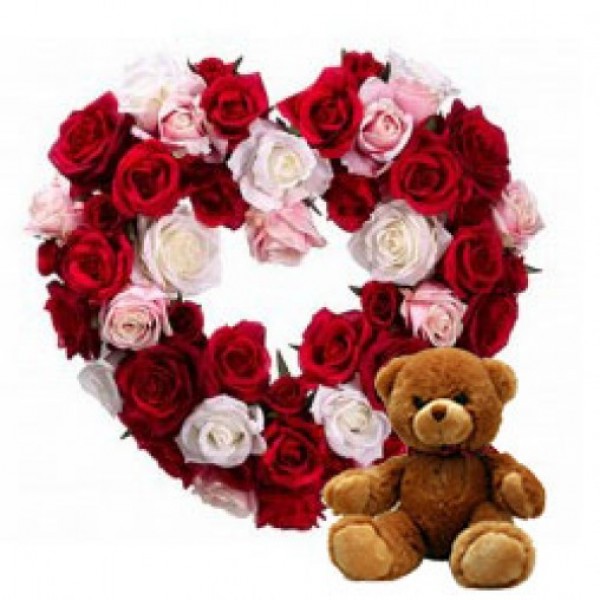 Heart Shape arrangement of 60 Red, Pink and White Roses with 1 Teddy Bear (6inches)