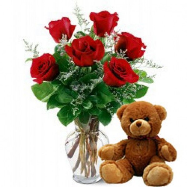 6 Red Roses with 1 Teddy Bear (12 inches) in a Glass Vase