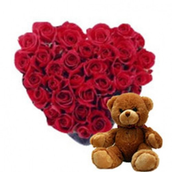  Heart-shaped arrangement of 40 Red Roses with Teddy Bear (6inches)