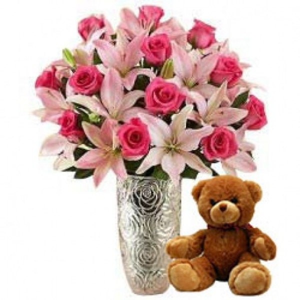 12 Pink Roses & 5 Asiatic Pink Lilies with 1 Teddy Bear (12 Inches)