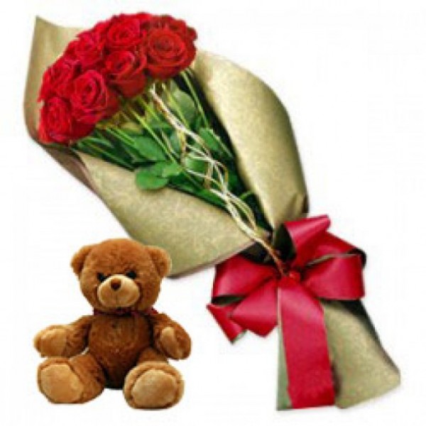  12 Red Roses in Golden Paper with 1 Teddy Bear (6 inches)