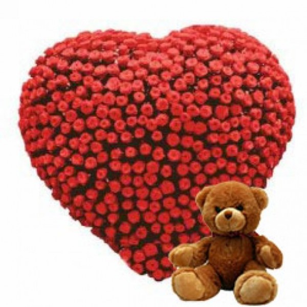 Heart-shaped arrangement of 200 Red Roses with Teddy Bear (12 inches)
