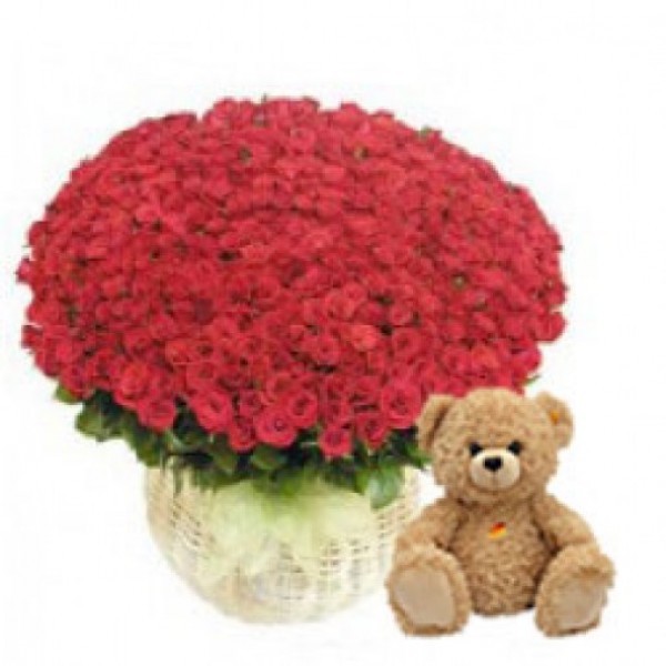 100 Red Roses with Teddy Bear (12 inches) in Basket