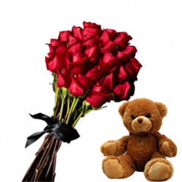 20 Red Roses with Teddy Bear (6inches)