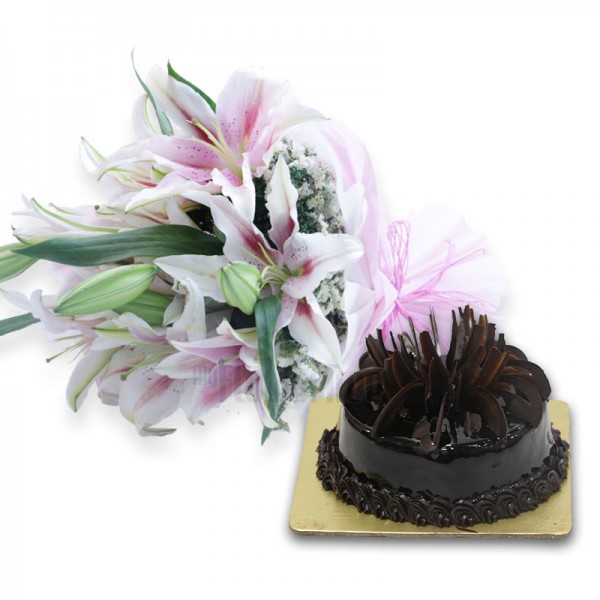  6 Oriental Lilies with Half Kg Chocolate Truffle Cake in Paper Packing
