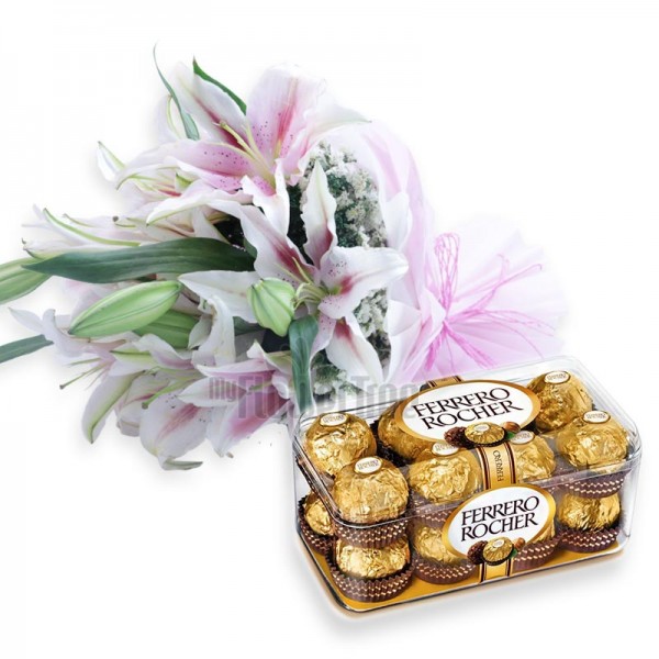  6 Oriental Lilies with A box of 16 pcs of Ferrero Rocher and Paper Packing