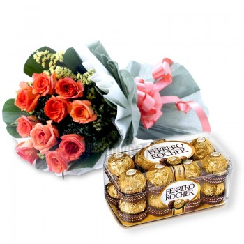 10 Orange Roses with A box of 16 pieces of Ferrero Rocher in Paper Packing