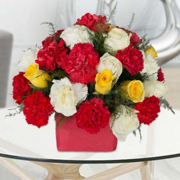 18 Carnations (Red and White) and 12 Roses (Yellow and White) in A Glass Vase
