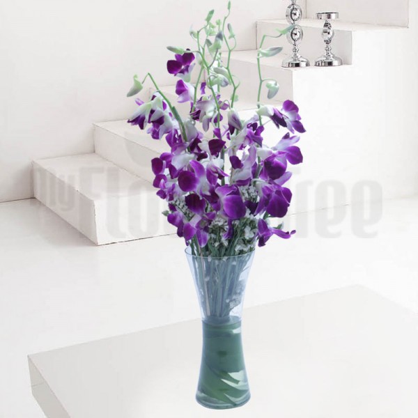  6 Purple Orchids with Arica Palm Leaves in a Glass Vase