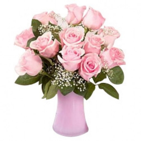 12 Light Pink Roses in a Glass Vase