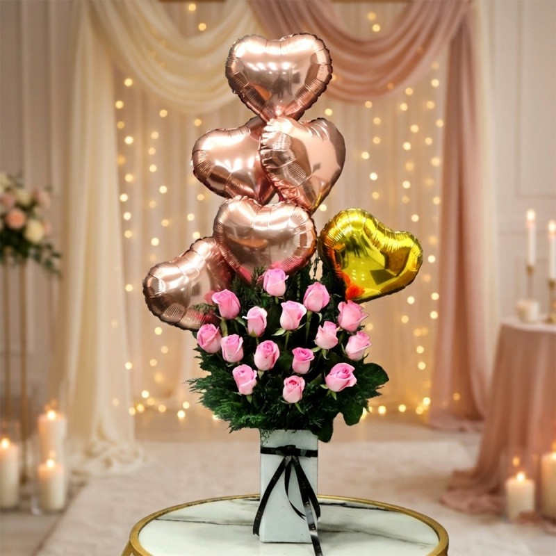 Pink Roses with Heart Foil Balloons Arrangement