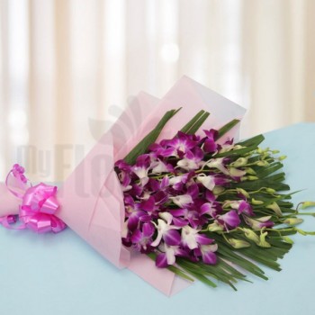  6 Purple Orchids with Arica Palm Leaves in Pink special paper
