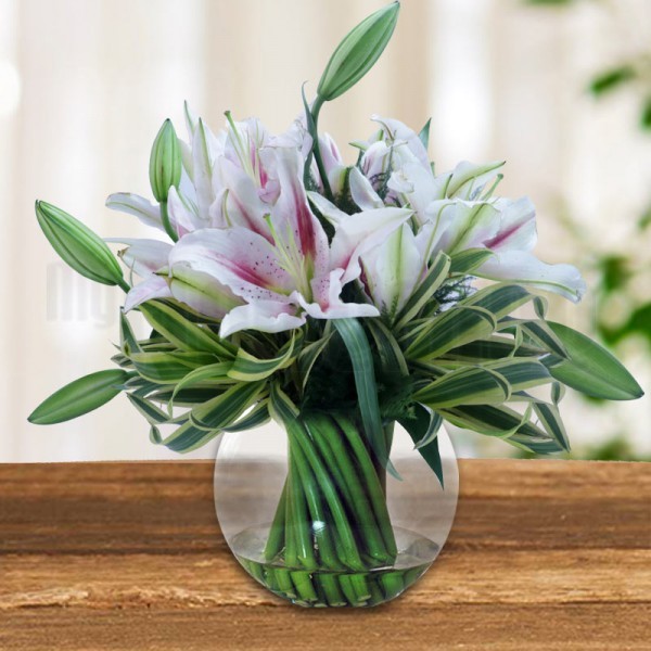 6 Pink Oriental Lilies in a Glass Vase