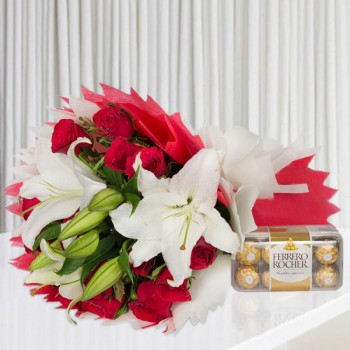 12 Red Roses and 3 White Asiatic Lilies wrapped in crape paper with 16 Pcs Ferrero Rocher