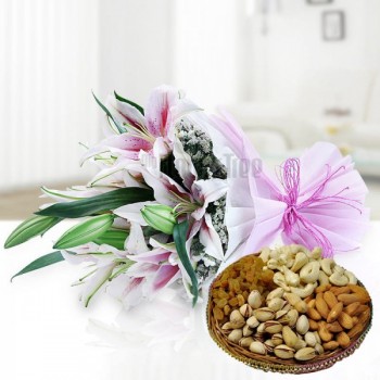 6 Oriental Pink Lilies in Pink and White Paper Packing, Pink Rafia Bow with Assorted Dry Fruits (250gms)