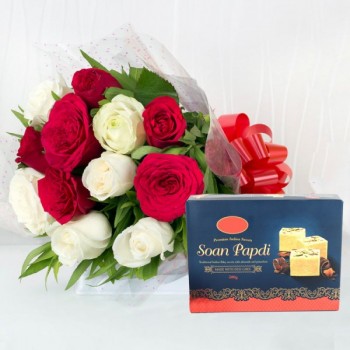 12 Red and White Roses in Cellophane Packing with Soan Papdi ( Half Kg)
