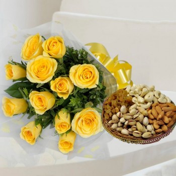 12 Yellow Roses in Cellophane Packing with Assorted Dry Fruits (250gms)