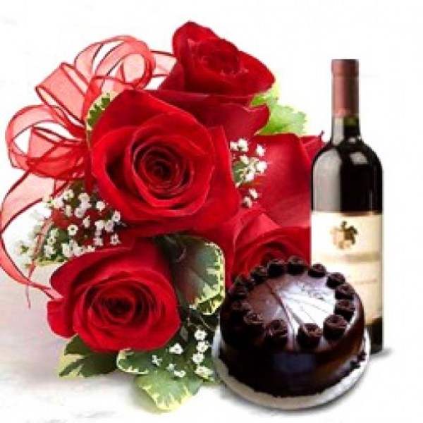 6 Red Rose with Half Kg Dark Chocolate Cake and Bottle Of Red Wine