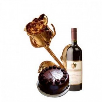 Gold Plated Rose(6 inch) with Half Kg Dark Chocolate Cake and Bottle Of Red Wine