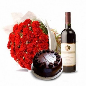  20 Red Carnations in Paper Packing with Half Kg Dark Chocolate Cake and Bottle Of Red Wine