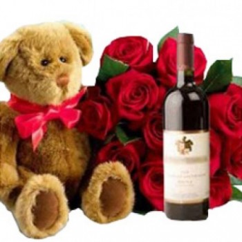 12 Red Roses with Teddy Bear (12 inch) and Bottle Of Red Wine