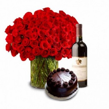100 Red Roses in a Glass Vase with Half Kg Dark Chocolate Cake and Bottle Of Red Wine