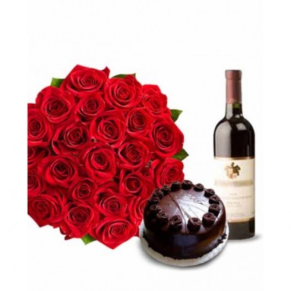 30 Red Roses with Half Kg Dark Chocolate Cake and Bottle Of Red Wine
