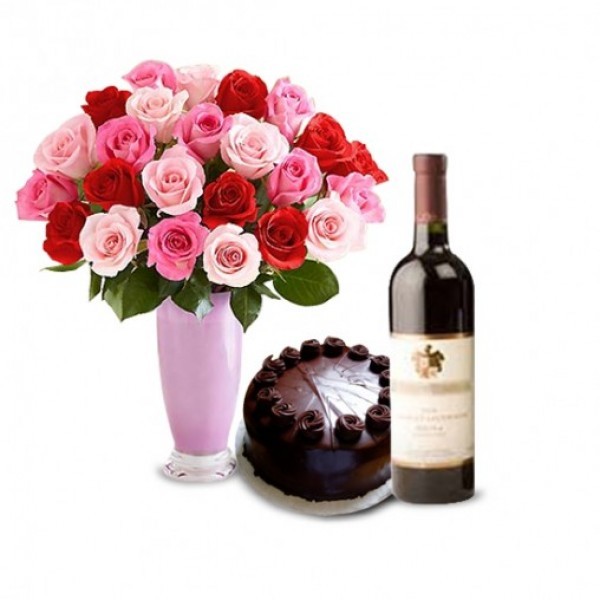 20 Roses (Pink, White & Red) with Half Kg Dark Chocolate Cake and Red Wine Bottle in a Vase