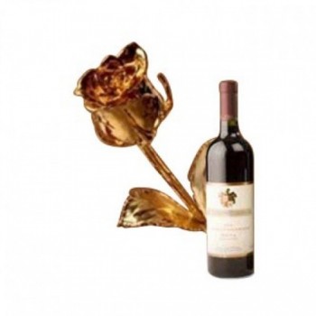 6 Inches Gold Plated Rose with Bottle Of Red Wine