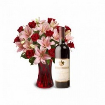 5 Pink Asiatic Lilies and 10 Red Roses in a Glass Vase with Bottle Of Red Wine