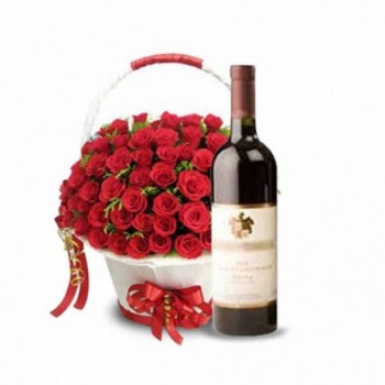 60 Red Roses with Bottle Of Red Wine in a Basket
