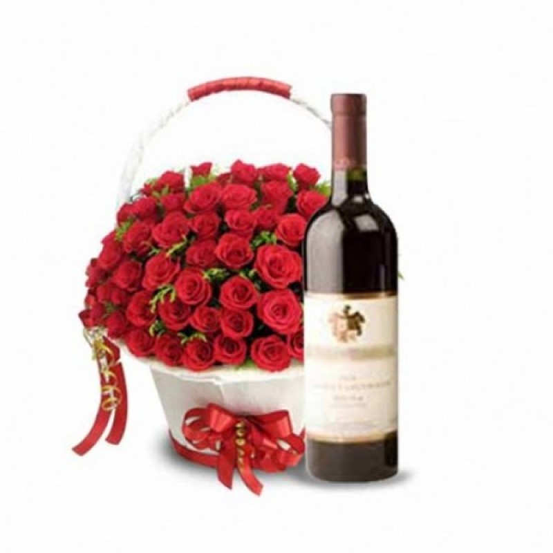 60 Red Roses with Bottle Of Red Wine in a Basket