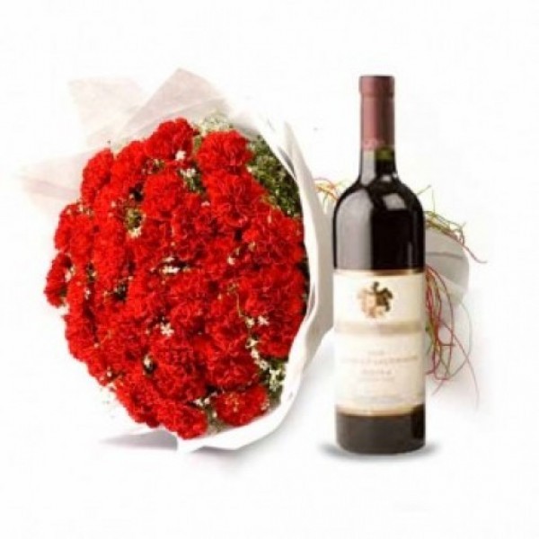 20 Red Carnations with Bottle Of Red Wine