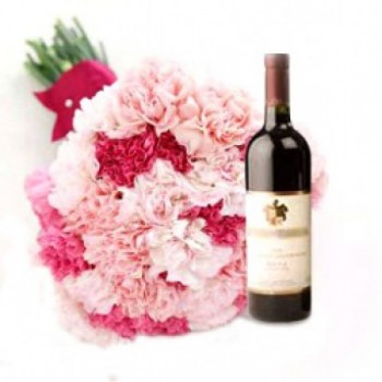 15 Pink Carnations with Bottle Of Red Wine