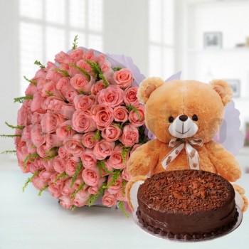  50 Pink Roses in White Paper Packing with Half Kg Chocolate Cake and 1 Teddy Bear (10 inches)