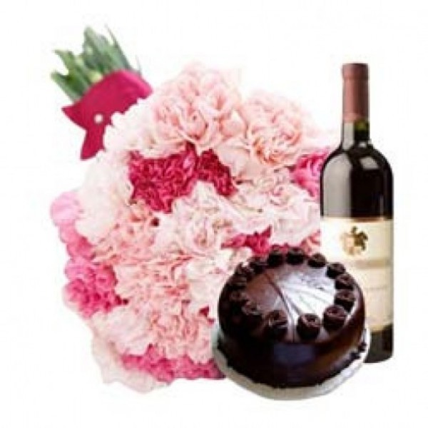 15 Carnations (Light & Dark Pink Mix) with Half Kg Dark Chocolate Cake and Bottle Of Red Wine