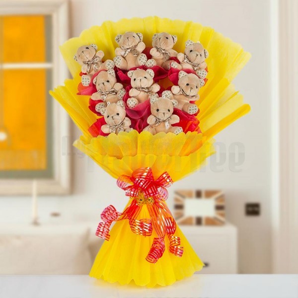Bouquet of 3 inches 9 Teddy Bear in Paper Packing