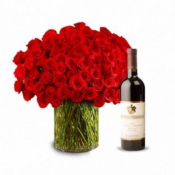 100 Red Roses with Glass Vase and Bottle Of Red Wine