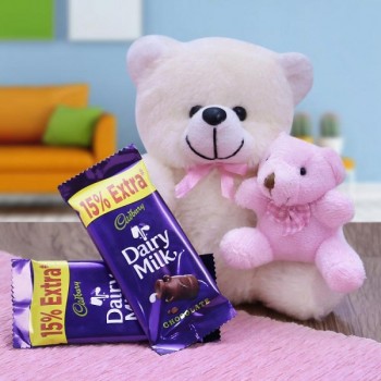 Combo of 2 Cadbury Dairy Milk Chocolates (13.2 Gms Each) and 2 Teddy Bear ( 12 inches and 6 inches)
