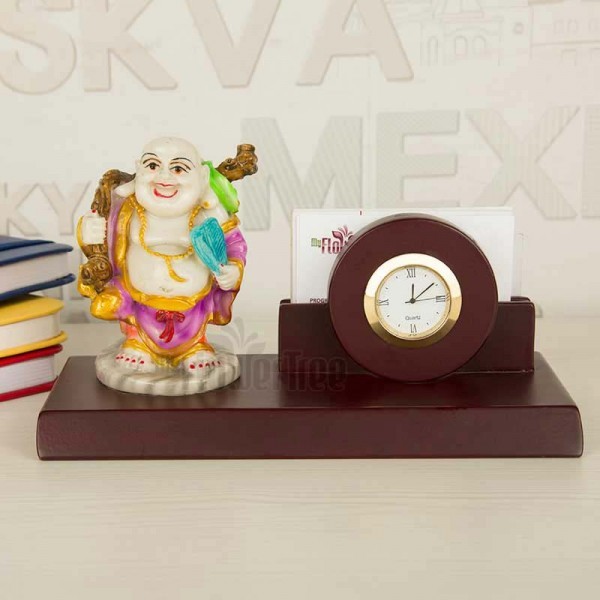 Designer Table Pen Stand with Laughing Buddha and Watch