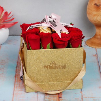 10 Red Roses and 4 Ferrero Rocher Arrangment in MFT Golden Box