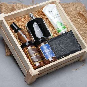 Basket Hamper of Perfume, Facewash, Cookies, Almonds and Wallet