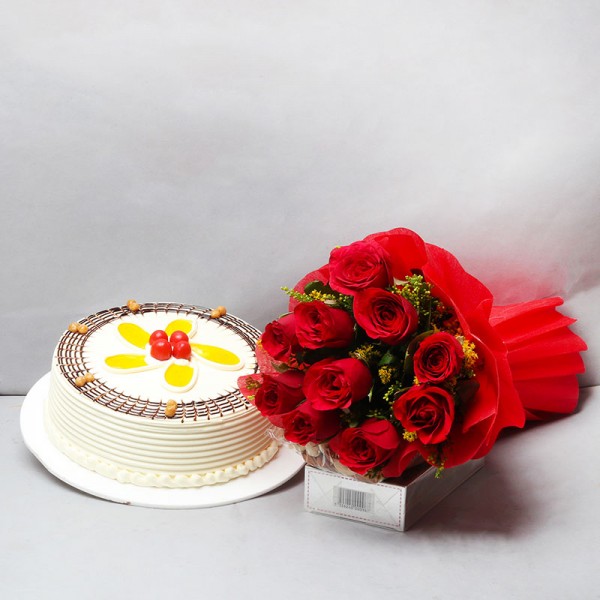 10 Red Roses in Red Paper Packing with Half Kg Butterscotch Cake