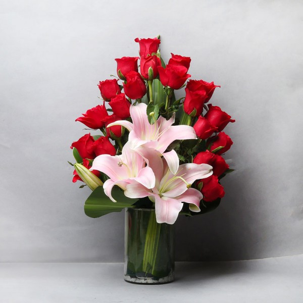20 Red Roses and 3 Asiatic Pink Lilies with Glass Vase Arrangement
