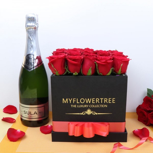 30 Red Roses in Black MFT Box with Bottle Of Champagne