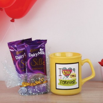 I love you forever printed yellow mug with 2 Dairy Milk Silk