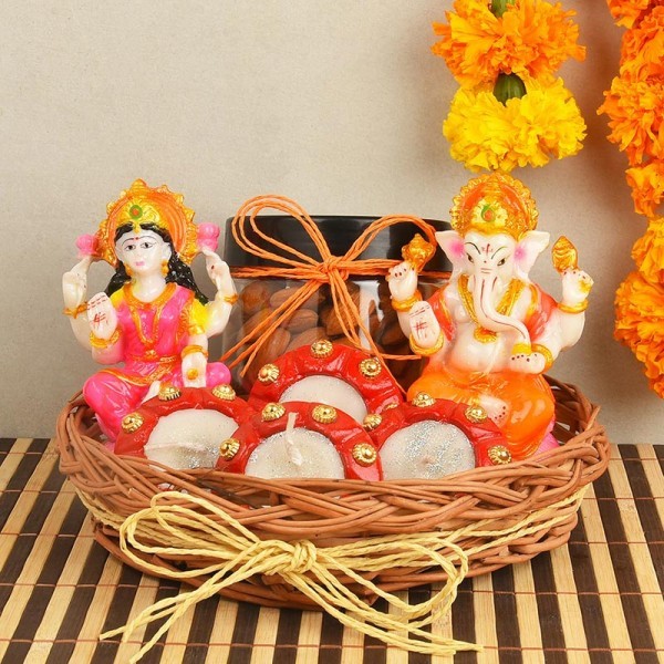 Laxmi Ganesha Idol with Almond Jar and Candle Diyas
