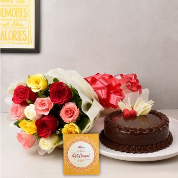 12 Mix Roses in Paper Packing with Half Kg Chocolate Cake and Pack of Roli Chawal